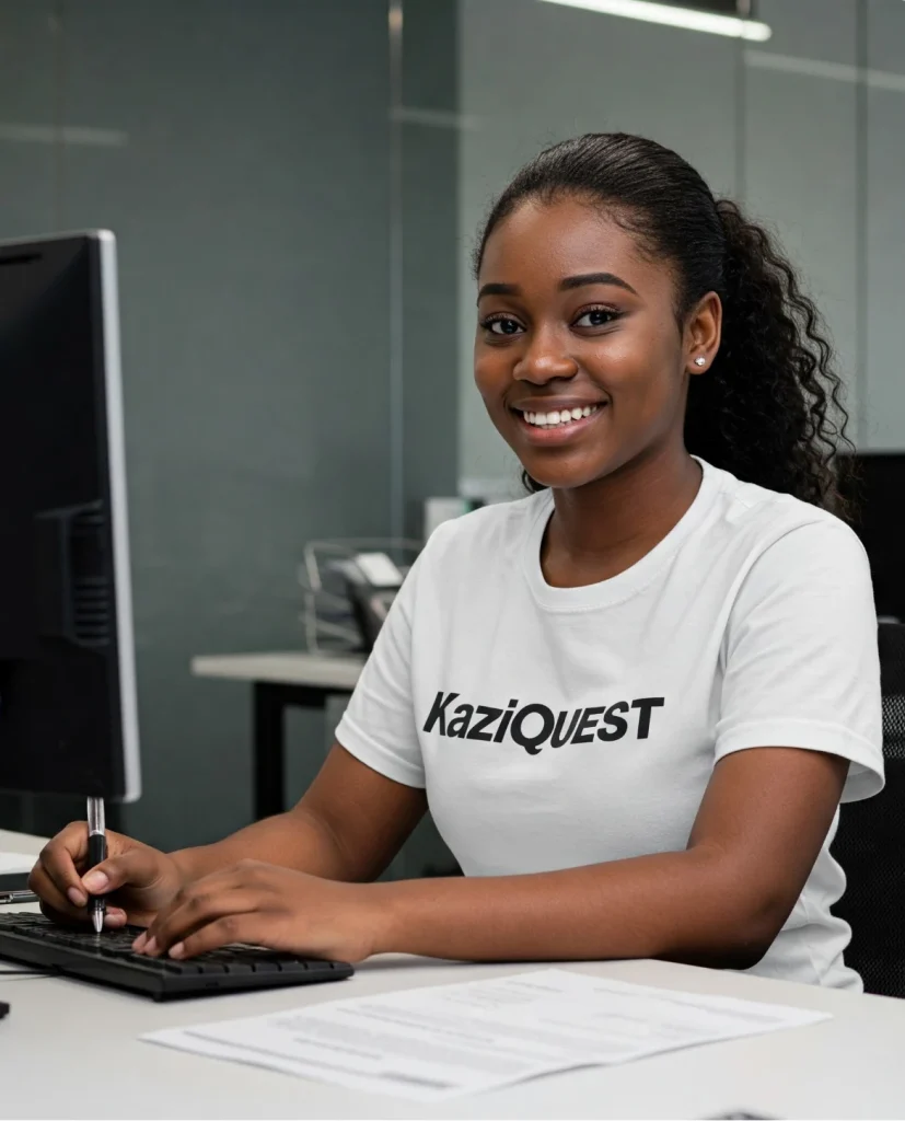A confident woman wearing a KaziQuest-branded t-shirt, representing partnership, affiliate success, and brand empowerment.